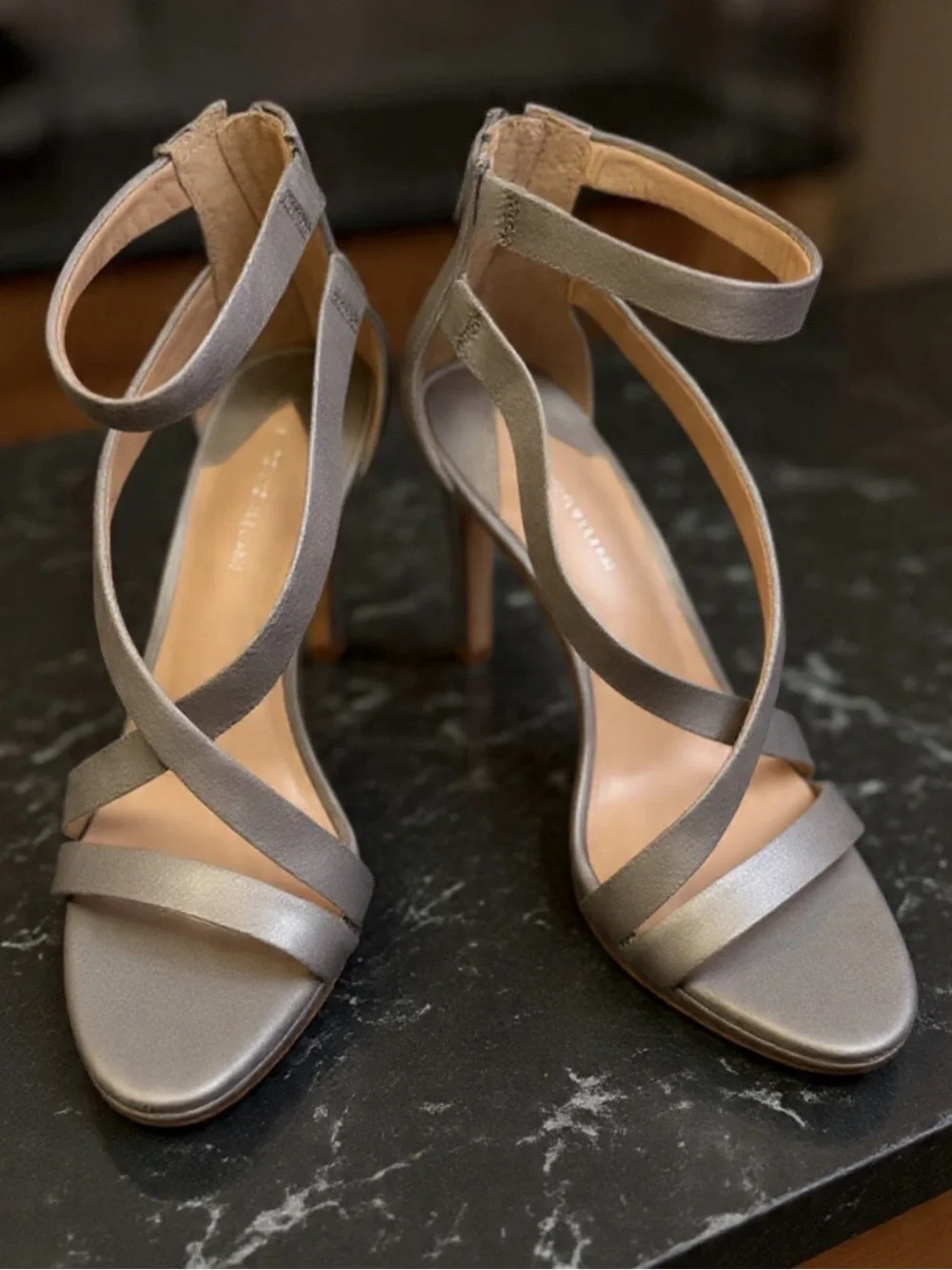 Antonio Melani Silver Rhinestone Strappy Stiletto Peep Toe Heel Zip Leather Sole - Picture 1 of 12